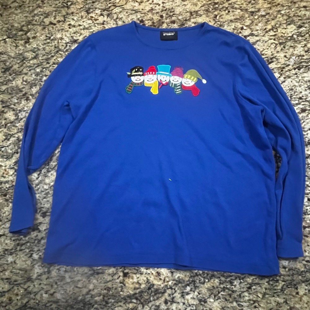 Designers Originals Studio Joy Blue Snowman Christmas Long Sleeve Shirt Womens L
